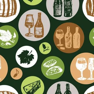 Vector green wine bar pen sketch doodle in circles seamless background patter Stock Illustration