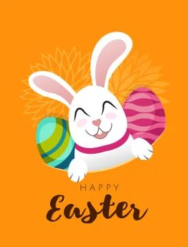 Vector Greeting banner with white Easter rabbit with long ears and colored eggs Stock Illustration