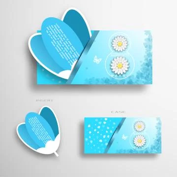 Vector greeting blue and white envelope with insert in the form of blue tulip Stock Illustration