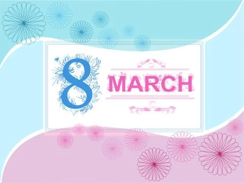 Vector greeting card 8 march blue and pink with frame Stock Illustration