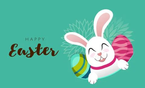 Vector Greeting card banner with white Easter rabbit and colored eggs. Funny Stock Illustration