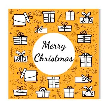 Vector greeting card, black and white set of gifts on orange background with  Stock Illustration