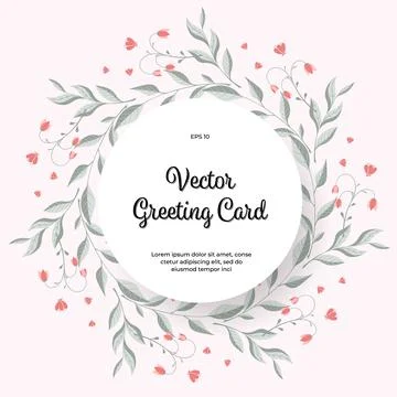 Vector greeting card with blooming vignettes, colorful flowers, twigs, leaves Stock Illustration