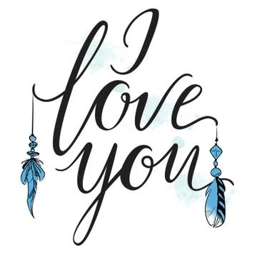 Vector greeting card. Blue I LOVE YOU inscription with watercolor brushstroke Stock Illustration