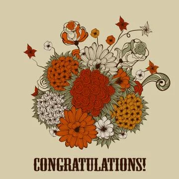 Vector greeting card with bouquet of bizarre flowers Stock Illustration