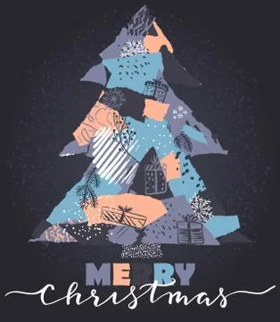 Vector greeting card with Christmas tree in patchwork collage style 스톡 일러스트
