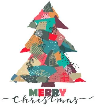 Vector greeting card with Christmas tree in patchwork collage style 스톡 일러스트