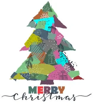 Vector greeting card with Christmas tree in patchwork collage style 스톡 일러스트