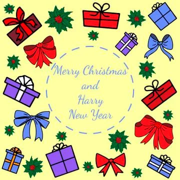Vector greeting card, colorful set of gifts, holly berry and bows on yellow b Stock Illustration