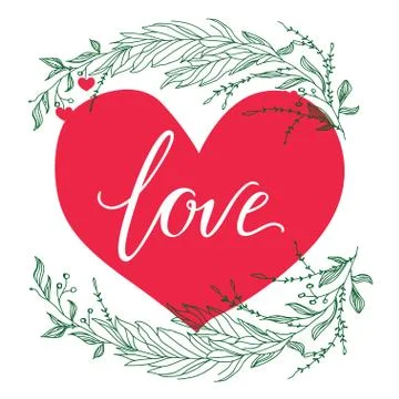 Vector greeting card. Composition with LOVE inscription on a big red heart  Stock Illustration