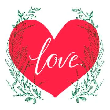 Vector greeting card. Composition with LOVE inscription on a big red heart Stock Illustration