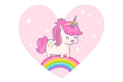 Vector greeting card with cute unicorn and rainbow in kawaii style. Vector .. Illustration