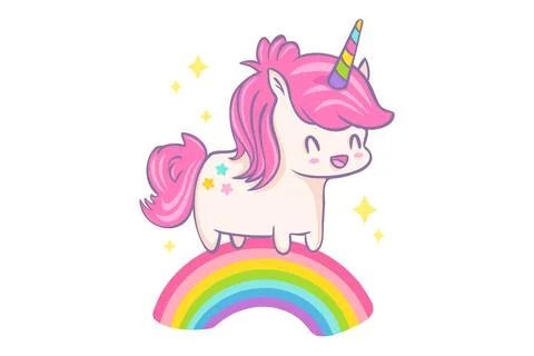Vector greeting card with cute unicorn and rainbow in kawaii style. Vector .. Stock Illustration