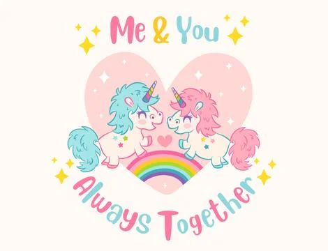 Vector greeting card  with cute unicorns in kawaii style. Vector poster of .. Stock Illustration