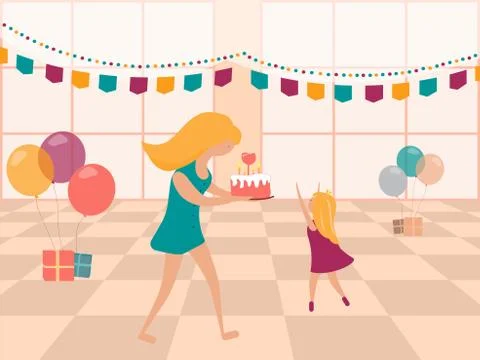 Vector greeting card with decorated room, mom and a girl, ballons and flags Stock-Illustration
