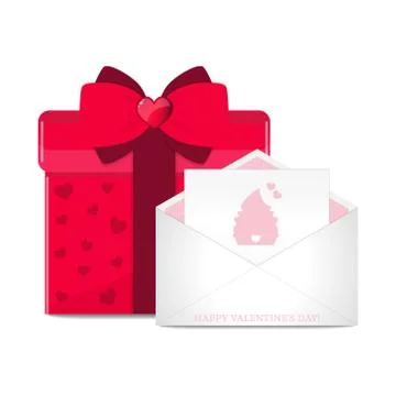 Vector greeting card in envelope and red gift box. Stock Illustration
