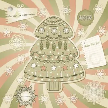 Vector  greeting card with fir tree, scrapbook style Stock Illustration