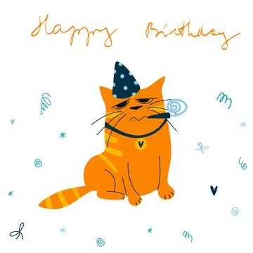Vector greeting card with ginger cat in birthday hat and hand drawn lettering Stock Illustration
