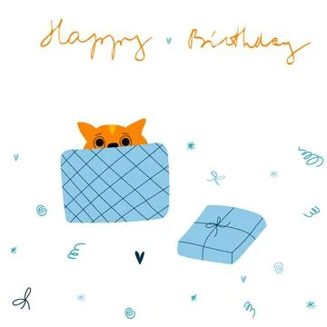 Vector greeting card with ginger cat in gift box and hand drawn lettering. Ha Stock Illustration