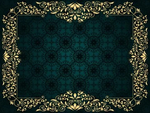 Vector greeting card with golden frame on vintge seamless pattern Stock Illustration