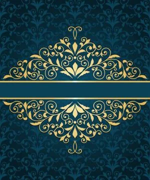 Vector greeting card with golden frame and  seamless  vintage floral pattern Stock Illustration
