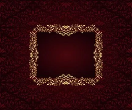 Vector greeting card with golden frame in vintge seamless pattern Illustrazione stock