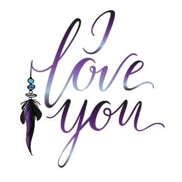 Vector greeting card. Gradient I LOVE YOU inscription with bird feather.  Stock Illustration