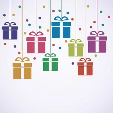 Vector greeting card with hanging gift boxes Stock Illustration