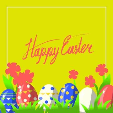 Vector greeting card for happy easter with hand lettering calligraphy and Illustrazione stock