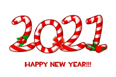 Vector greeting card or poster of Happy New Year 2021 with candy. Stock Illustration
