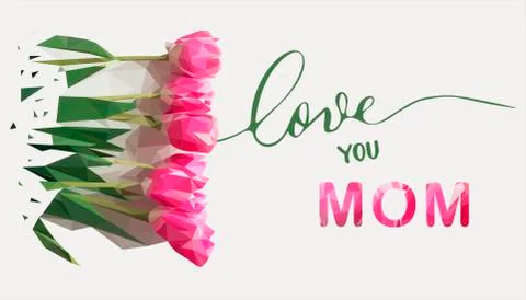 Vector greeting card with polygonal pink tulips and the calligraphic inscription Stock Illustration