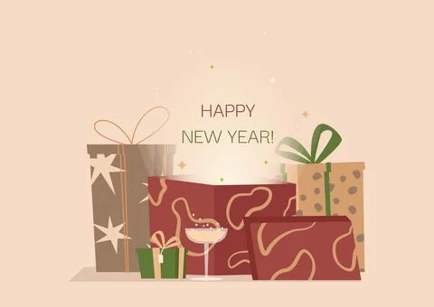 Vector greeting card with presents and champagne. Cute hand-drawn gift boxe.. Stock Illustration