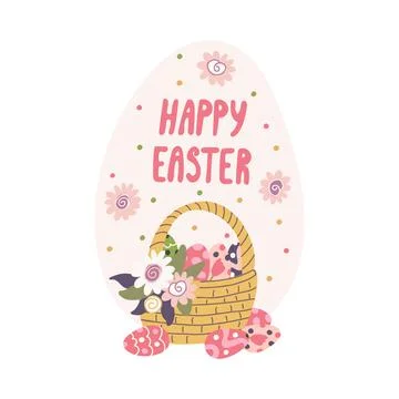 Vector greeting card with a wicker basket full of colorful eggs Stock Illustration