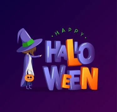 Vector greeting card with witch and lettering "Happy Halloween" Stock Illustration