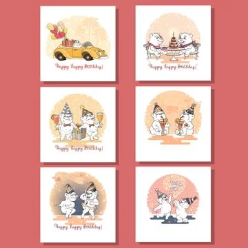 Vector greeting cards with cute bears. Birthday party. Stock Illustration