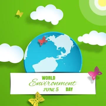 Vector greeting paper craft of World Environment Day on the gradient green .. Stock Illustration
