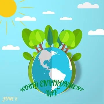 Vector greeting paper craft of World Environment Day on the gradient blue b.. Stock Illustration