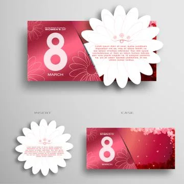 Vector greeting pink envelope with insert in the form of white flower for 8 o Stock Illustration