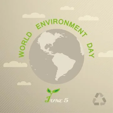 Vector greeting poster of World Environment Day with globe silhouette, clou.. Stock Illustration