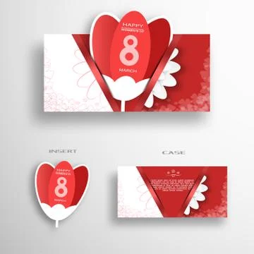 Vector greeting red and white envelope with insert in the form of red tulip f Stock Illustration