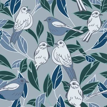 Vector grey blue green birds leaf seamless background pattern. Stock Illustration