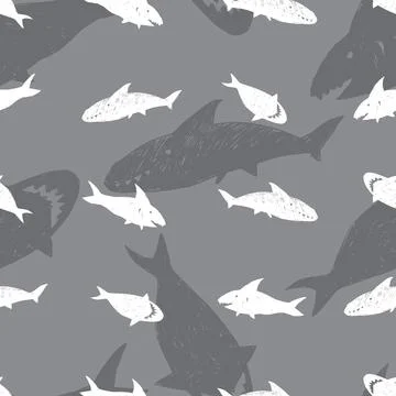 Vector grey monochrome simple cute shark pen sketch repeat pattern with shado Stock Illustration