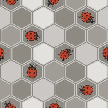 Vector grey red ladybug hexagon seamless pattern print background. Illustrazione stock