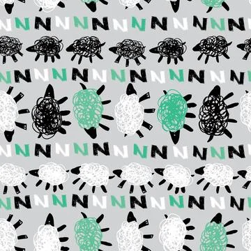 Vector grey sheep zzz counting horizontal rows cute doodles seamless patter.. Stock Illustration