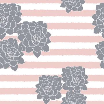 Vector grey succulent flower striped background seamless pattern print Stock Illustration