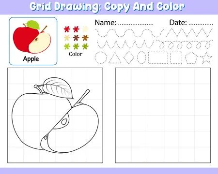 Vector Grid Drawing Copy Color Palette Kids Worksheet With Cute Apple Stock Illustration