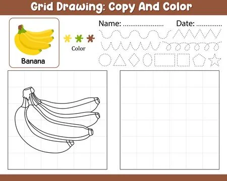 Vector Grid Drawing Copy Color Palette Kids Worksheet With Cute Banana Shap.. Stock Illustration