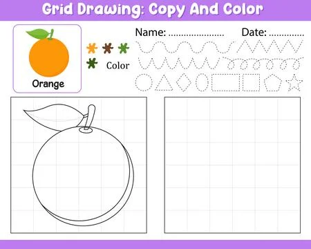 Vector Grid Drawing Copy Color Palette Kids Worksheet With Cute Orange Shap.. Stock Illustration