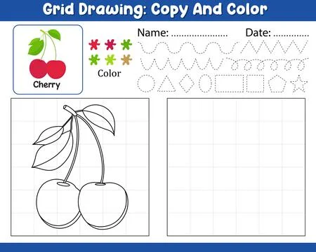 Vector Grid Drawing Copy Color Palette Kids Worksheet With Cute Cherry Shap.. 库存插图