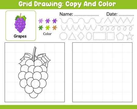 Vector Grid Drawing Copy Color Palette Kids Worksheet With Cute Grapes Shap.. Ilustración de archivo